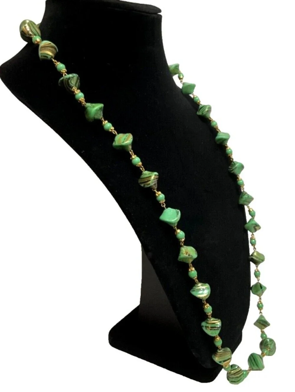 Vintage Green/Gold Marbled Statement Necklace – Long Artisan Strand Necklace